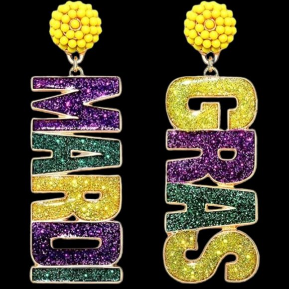 New Orleans Mardi Gras Dangle Drop Earrings in Stock ⚜️💜💚💛 - Picture 11 of 16